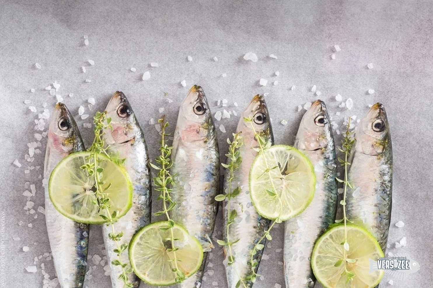 Zes verse sardines op een rij, gegarneerd met plakjes limoen en takjes tijm, omringd door grove zeezoutkorrels op een grijze ondergrond.
